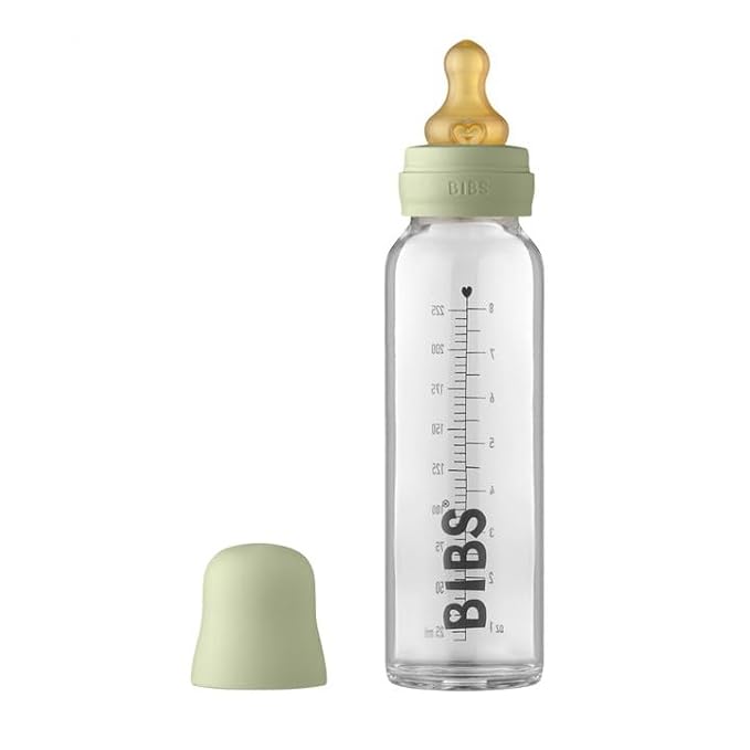 BIBS Baby Glass Bottle Complete Set 225 ml | BPA Free Natural Rubber | Made in Denmark | Sage