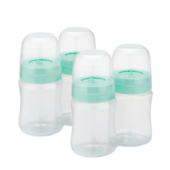 Motif Medical Breast Milk Storage Bottles for Duo Breast Pump - Durable Plastic Breastfeeding Essentials w/Locking Rings, Lids & Nipple Caps - Breast Milk Container (Set of 4, 6 oz)