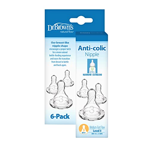 Dr. Brown’s Natural Flow Level 2 Narrow Baby Bottle Silicone Nipple, Medium Flow, 3m+, 100% Silicone Bottle Nipple, 6 Count