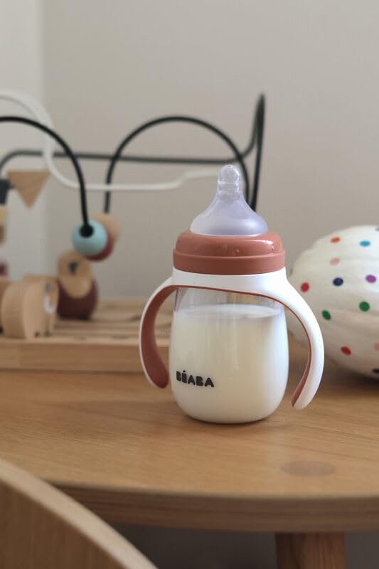BEABA 2-in-1 Baby Bottle to Transition Sippy Cup, No Spill Sippy Cup, Includes Removable Handles, Silicone Baby Bottle Nipple and Soft Spout, 7 oz Terracotta
