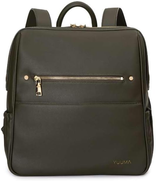 YUUMA Collection Original Diaper Backpack - Vegan Leather Diaper Bag - Gold Zipper - Multiple Pockets - Easy Clean Nylon Interior - Many Colors - Modern Diaper Bag (Olive)