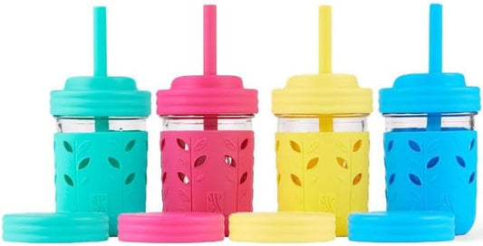 Elk and Friends Kids & Toddler Cups | The Original Glass Mason jars 8 oz with Silicone Sleeves & Silicone Straws with Stoppers | Smoothie Cups | Spill Proof Sippy Cups for Toddlers | 4 Pack