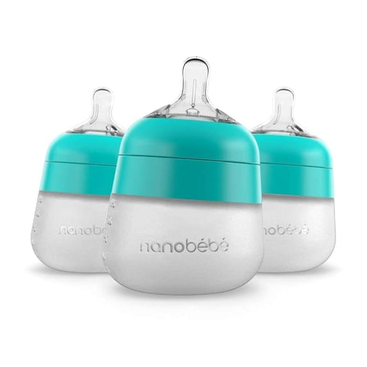 Nanobebe Flexy Silicone Baby Bottle, Anti-Colic, Natural Feel, Non-Collapsing Nipple, Non-Tip Stable Base, Easy to Clean 3-Pack, Teal, 5 oz