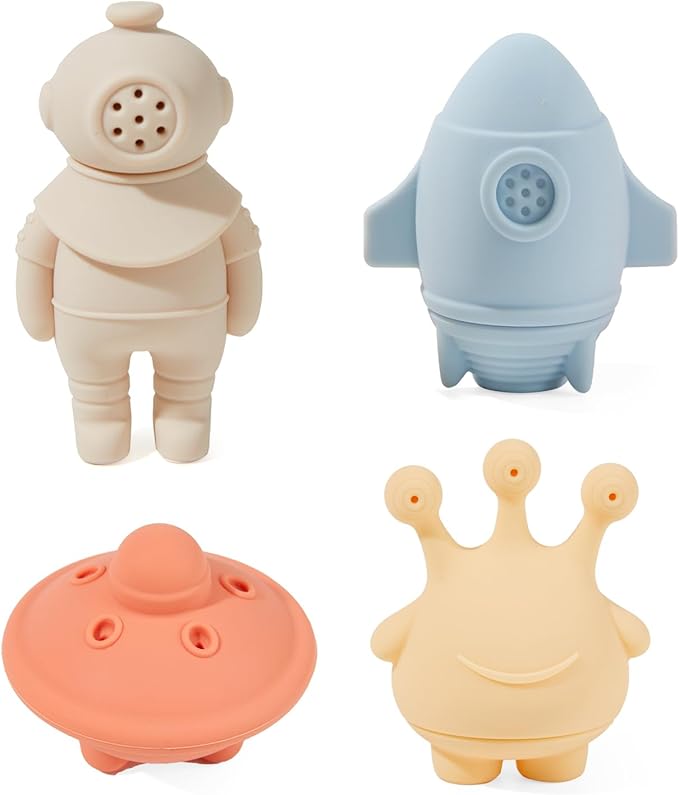 Bath Toys, Space & Rocket 4 Pack | Dishwasher-Safe & Mold Free Silicone Bath Toys | Soft, Squeezable & Float on Water | Soft & Easy-Grip Baby & Toddler Bath Toy Set | Baby Pool Toys