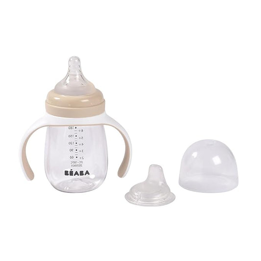 BEABA 2-in-1 Baby Bottle to Transition Sippy Cup, No Spill Sippy Cup, Includes Removable Handles, Silicone Baby Bottle Nipple and Soft Spout, 7 oz Oat