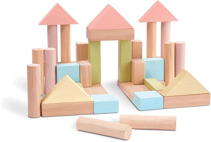 PlanToys 40 Piece Unit Block Building and Construction Block Set (5507) | Pastel Color Collection |Sustainably Made from Rubberwood and Non-Toxic Paints and Dyes