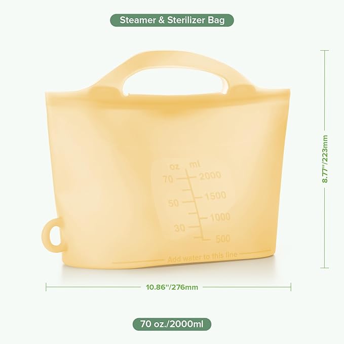 Haakaa Silicone Microwave Steamer & Steriliser Bag,70oz/2000ml Large Capacity Reusable Steaming Bags for Baby Bottles,Breast Pump/Accessories/Pacifiers/Teethers,Great for Home&On-The-Go,Pineapple/2PCS