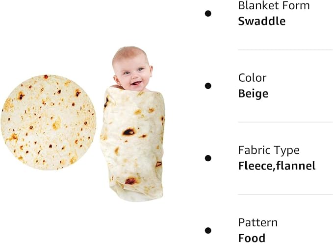 Tortilla Blanket, Baby Burritos Swaddle Blanket, Taco Blanket for Newborn Toddler, 285 GSM Soft Flannel Wearable Wrap Funny Gifts for Baby Shower Boy Girl 0-3 6 9 Months