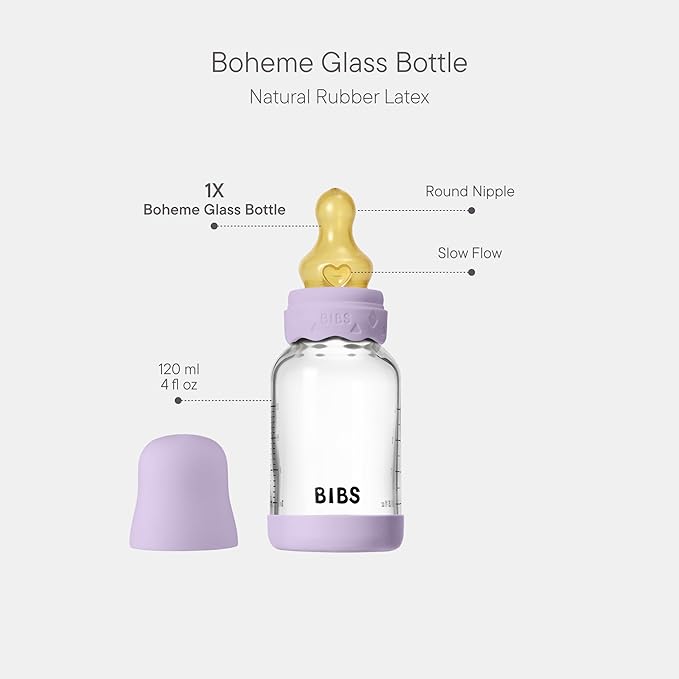 BIBS Boheme Baby Glass Bottle 4 oz /120 ml. Anti-Colic. Round Natural Rubber Latex Nipple. Supports Natural Breastfeeding - Violet Sky