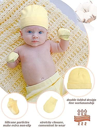 Baby Hats Mittens and Socks Set Unisex Cotton Beanie Cap and Scratch Mitten Non-Slip Baby Ankle Socks for Boys and Girls