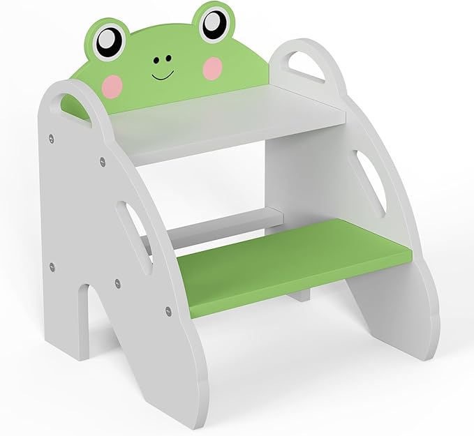 Frog-Themed Toddler Step Stool, 2-Step Stool for Bathroom Sink & Potty Training, Kids Kitchen Helper Stool with Safety Handles (Natural Wood, 120lbs Capacity)(Green)