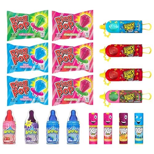 Candy Variety Pack, 18 Count Assorted Lollipops, Bulk Individually Wrapped Ring Pop, Push Pop, Baby Bottle Pop & Juicy Drop, Ideal for Birthdays, Party Favors for Kids & Hard Candy Gifts