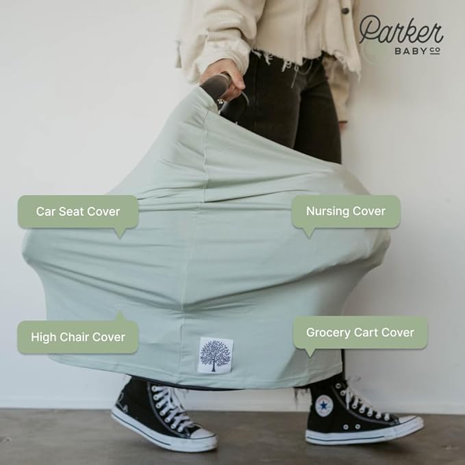 Parker Baby 4 in 1 Car Seat Cover for Girls and Boys - Stretchy Carseat Canopy, Nursing Cover, Grocery Cart Cover, High Chair Cover - Sage