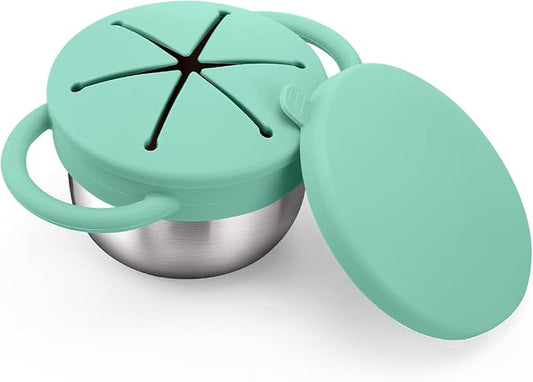 BUSOHA Stainless Steel Toddler Snack Cups - 9 OZ Spill-Proof Baby Snack Containers with Silicone Catcher and Lid Travel Snack Containers for Kids Food Grade Silicone Dishwasher Safe,Green