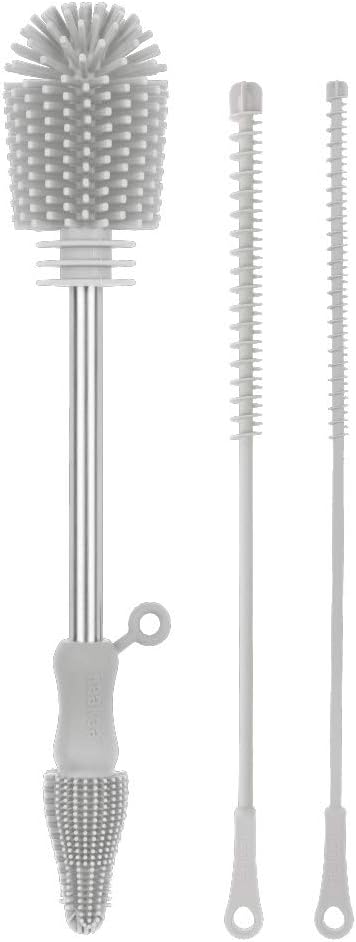 Haakaa Silicone Cleaning Brush Kit – Household Cleaning Brushes for Bottles and Crevices – Food-Grade Silicone: Dishwasher Safe (Kit-Grey)