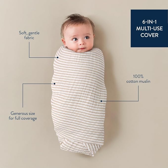 Itzy Ritzy Breastfeeding Boss Multi-Use Cover – A Nursing Cover, Swaddle, Car Seat Cover, Tummy Time Mat & Burp Cloth All in One – Made of Soft Muslin Fabric & Measures 47” x 47” (Taupe Stripe)