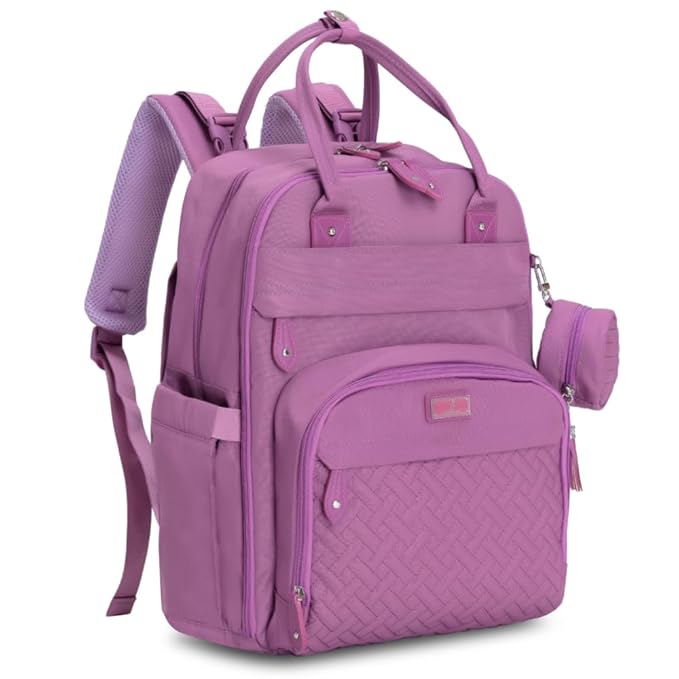 BabbleRoo Diaper Bag Backpack - Baby Essentials Travel Tote - Multi Function Water Resistant Diaper Bag, Travel Essentials Baby Bag with Changing Pad, Stroller Straps & Pacifier Case - Unisex, Purple