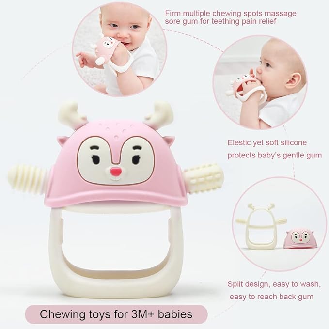 Smily Mia Teething Toys for Babies 0-12 Months, Penguin and Reindeer Baby Gift Set, Chew Toys 3M+, Hand Teether Set, Light Pink