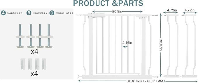 38-43 Inch Wide Baby Gate for Stairs Indoor Safety Gate for Toddlers Kids Pressure Mounted Dog Gates for The House Doorways Pet Gate Walk Through Metal Gates(White, 38.58"-43.31"/98-110CM)