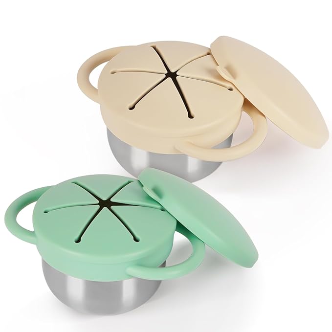 2 Pack 304 Stainless Steel Snack Cups for Toddlers, Toddler Snack Containers with Spill-Proof Silicone Travel Lid & Handle, Dishwasher Safe, Removable Snack Cup for Baby, Toddler, Kids