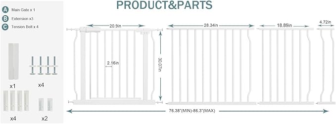 Extra Wide Baby Gates Large Long Dog Gates for The House Doorways Stairs Pressure Mount Dog Pet Gate Walk Through Metal Child Indoor Safety Gates (White, 76.38"-86.3"/194-219CM)