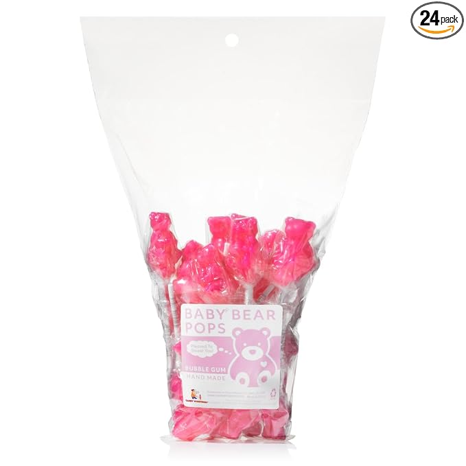 Pink Bear Pops Lollipop Suckers: Individually Wrapped Baby Bear Candy on a Stick by Espeez - Bubble Gum Bears (24 Count)