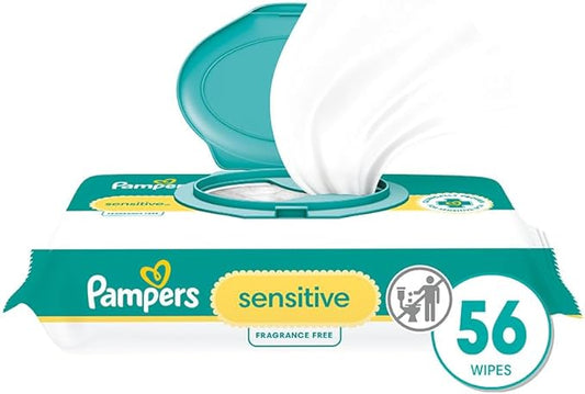 Pampers Baby Wipes Sensitive, Water Based Baby Wipes, Hypoallergenic and Unscented Baby Wipes, 56 Wipes Total (1 Flip-Top Packs)