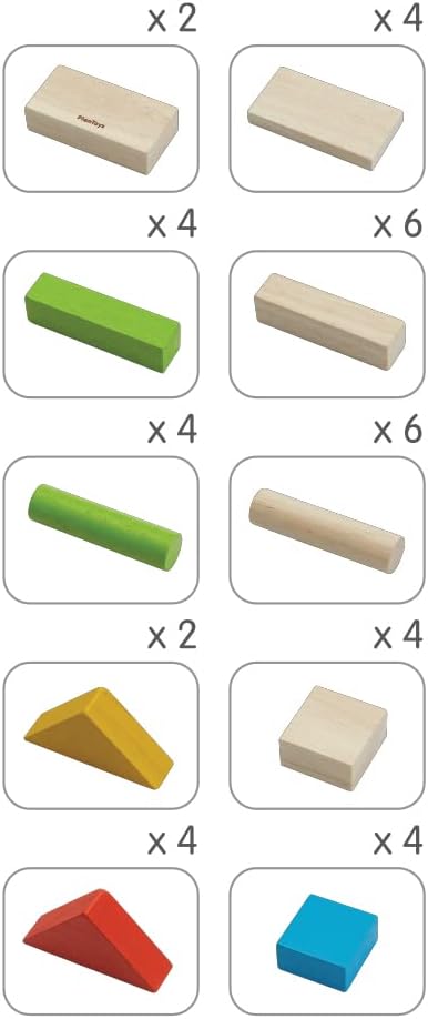 PlanToys Wooden Building Blocks - 40 Unit Blocks Natural and with Color (5513) | Sustainably Made from Rubberwood and Non-Toxic Paints and Dyes