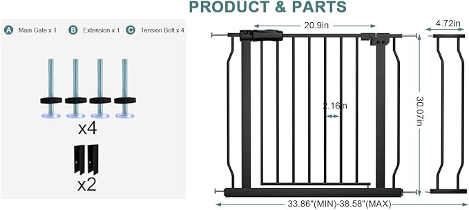Extra Wide Baby Gate Tension Indoor Safety Gates Black Metal Large Pressure Mounted Pet Gate Walk Through Long Safety Dog Gate for The House Doorways Stairs (33.86"-38.58"/86-98CM, Black)