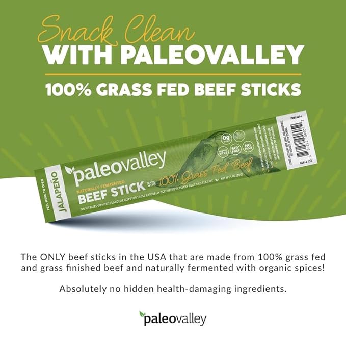 Paleovalley 100% Grass Fed Jalapeno Beef Sticks - Delicious Gluten Free Beef Snack - High Protein Keto Friendly