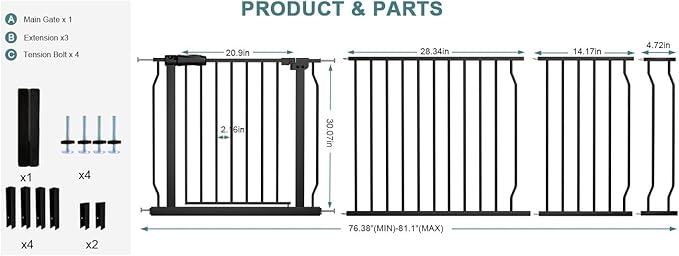 Extra Wide Baby Gate Tension Indoor Safety Gates Black Metal Large Pressure Mounted Pet Gate Walk Through Long Safety Dog Gate for The House Doorways Stairs (76.38"-81.10"/194-206CM, Black)