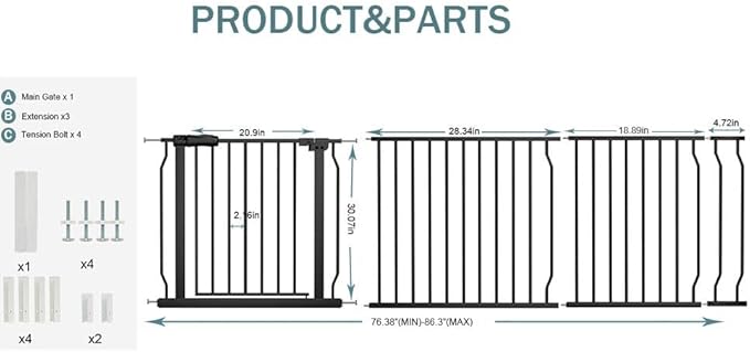 Extra Wide Baby Dog Gates for Doorways Tension Indoor Safety Gates Black Metal Large Pressure Mounted Pet Gate Walk Through Dog Gate for The House Stairs (Black, 76.38"-86.3"/194-219CM)