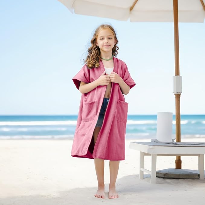 Hiturbo Kids Bath Towel Hoodie: Absorbent Quick Dry Zipper Surf Poncho - Changing Towels Swimming Outerwear (Pink)