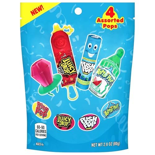Assorted Candy Variety Pack 4 Count Lollipops - Ring Pop, Push Pop, Baby Bottle Pop & Juicy Drop - Ideal for Kids Party Favors, Party Favor Bags by Bazooka Brands