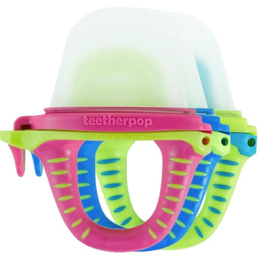 Teetherpop Fillable Silicone Teether for Babies – Breastmilk Popsicle Molds for Teething with Spill-Proof Sippy Slits – Freezable Baby Teethers for Liquids & Cooling Relief (3-Pack-Blue-Teal-Pink)