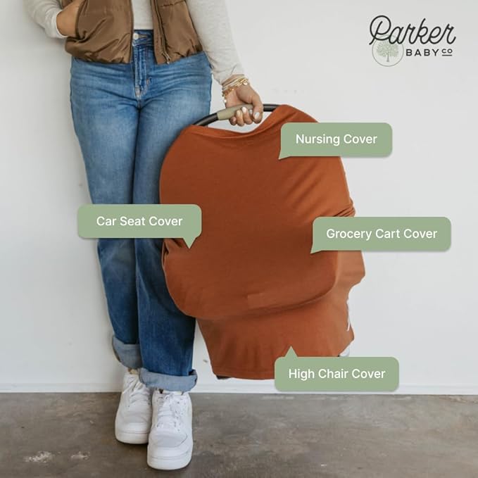 Parker Baby 4 in 1 Car Seat Cover for Girls and Boys - Stretchy Carseat Canopy, Nursing Cover, Grocery Cart Cover, High Chair Cover - “Clay”