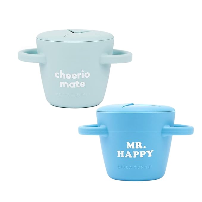 Bella Tunno Snack Cups for Toddlers, Set of 2 Silicone Spill Proof Food Containers with Lids, Babies & Kids 6-12 Months, Mr. Happy & Cheerio Mate