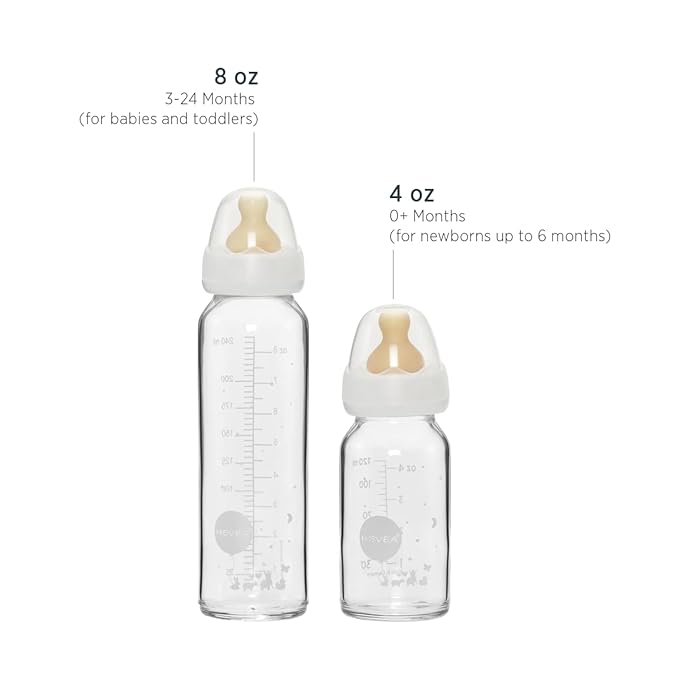 HEVEA Standard Neck Glass Baby Bottles - Natural Rubber Medium Flow Nipples - Anti Colic Baby Bottles for Breastfeeding Babies - Newborn 0+ Months - BPA-Free, Two-Pack (4 Oz)