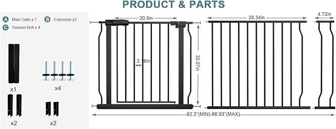 Extra Wide Baby Gate Tension Indoor Safety Gates Black Metal Large Pressure Mounted Pet Gate Walk Through Long Safety Dog Gate for The House Doorways Stairs (62.2"-66.93"/158-170CM, Black)