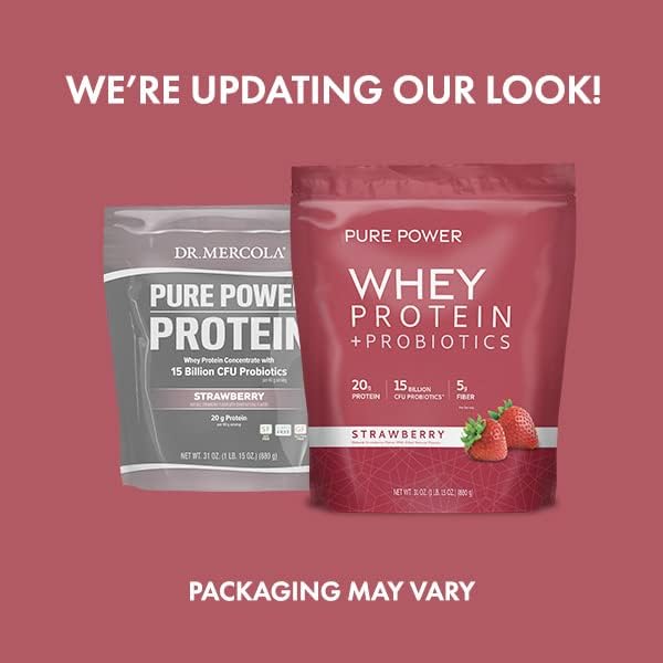 Dr. Mercola Pure Power Whey Protein + Probiotics - Supports Muscle Recovery & Digestive Health - Pasture-Raised Whey - MCTs & Fiber - Vanilla - 31 oz (22 Servings) - Strawberry