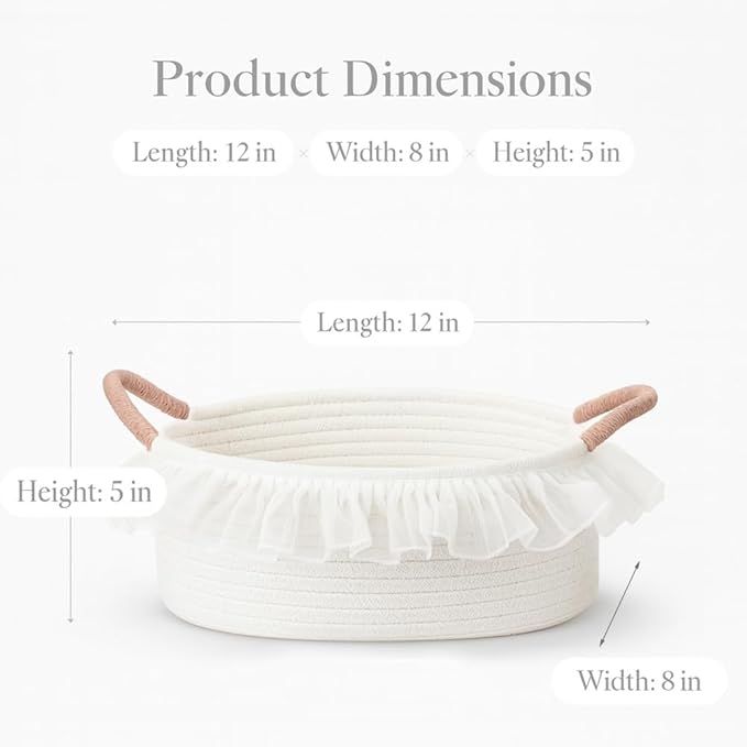 Cotton Rope Gift Basket with Handle– White Woven Storage Basket with Organza Lace, Decorative Bin for Baby Shower, Housewarming, Nursery, Toys, Towels, Baby Accessories, Easter, Holiday Gifts