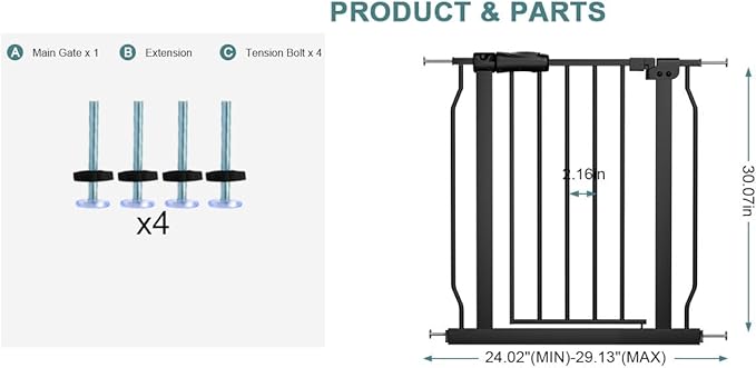 Narrow Walk Through Baby Gate 24.02-29.13 Inch Wide Auto Close Tension Black Metal Child Pet Indoor Safety Gates Pressure Mounted for Stairs& Doorways (24.02"-29.13"/61-74CM, Black)