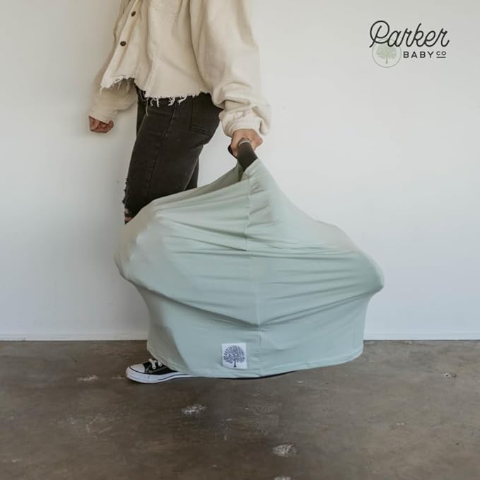 Parker Baby 4 in 1 Car Seat Cover for Girls and Boys - Stretchy Carseat Canopy, Nursing Cover, Grocery Cart Cover, High Chair Cover - Sage