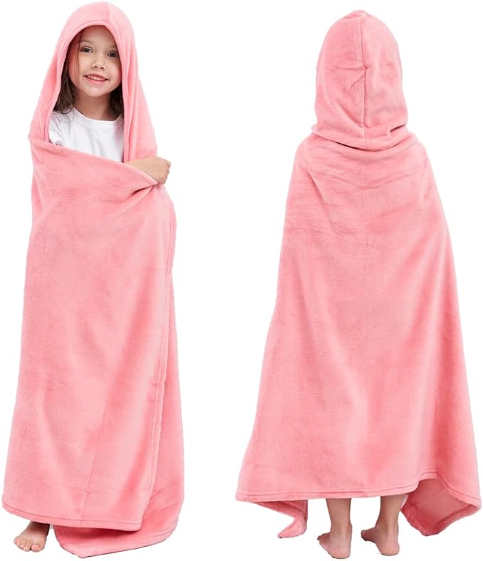 Hiturbo Kids Fleece Hooded Bath Towel: Soft Plush Pool Beach Towel Blanket - 50"x30" Toddler Towels Wrap for Boys Girls 3-12 Years (Pink)