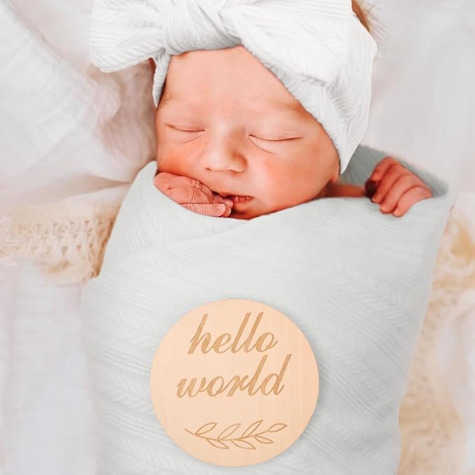 Newborn Receiving Blanket with Bow Hat Headband Wooden Card Set Wheat-Pattern Newborns Toddler Baby Boy Girl Nursery Swaddle Wrap