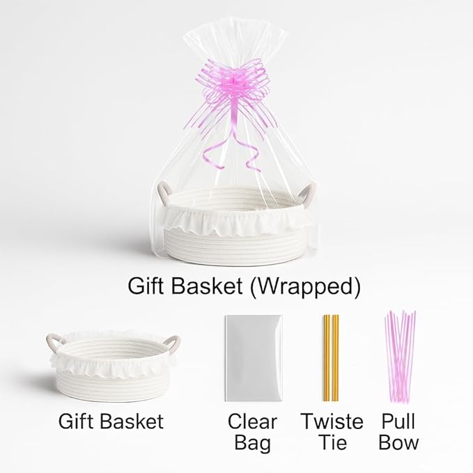 Cotton Rope Gift Basket with Handle– White Woven Storage Basket with Organza Lace, Decorative Bin for Baby Shower, Housewarming, Nursery, Toys, Towels, Baby Accessories, Easter, Holiday Gifts