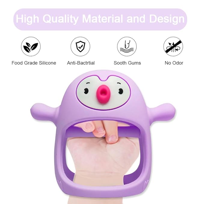 Smily Mia 2pack Penguin Teether for Babies 0-6Month, Infant Teething Toys,Pacifiers for Breastfed Babies, Silicone Teething Mittens for 3-6Months, Perfect Shower Gift+Baby Registry, Pink&Purple