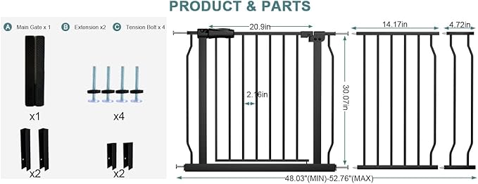 Extra Wide Baby Gate Tension Indoor Safety Gates Black Metal Large Pressure Mounted Pet Gate Walk Through Long Safety Dog Gate for The House Doorways Stairs (48.03"-52.76"/122-134CM, Black)