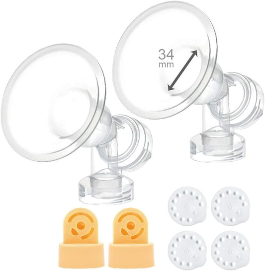 34 mm 2xOne-Piece Extra Large Breastshields w/Valves and Membranes Compatible wtih Medela Breast Pumps; Smaller Than Medela PersonalFit 36 Breastshield; Made by Maymom