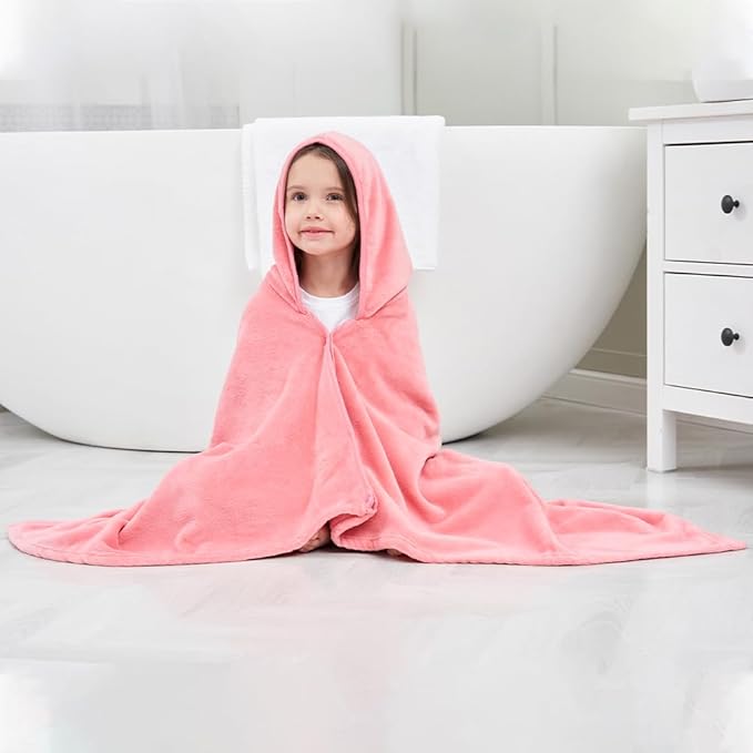 Hiturbo Kids Fleece Hooded Bath Towel: Soft Plush Pool Beach Towel Blanket - 50"x30" Toddler Towels Wrap for Boys Girls 3-12 Years (Pink)